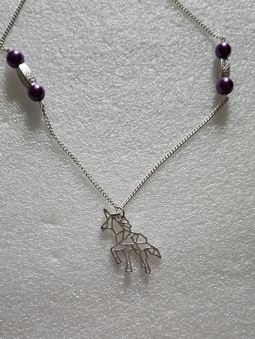 Hand Crafted Silver Unicorn Necklace with Purple Beads